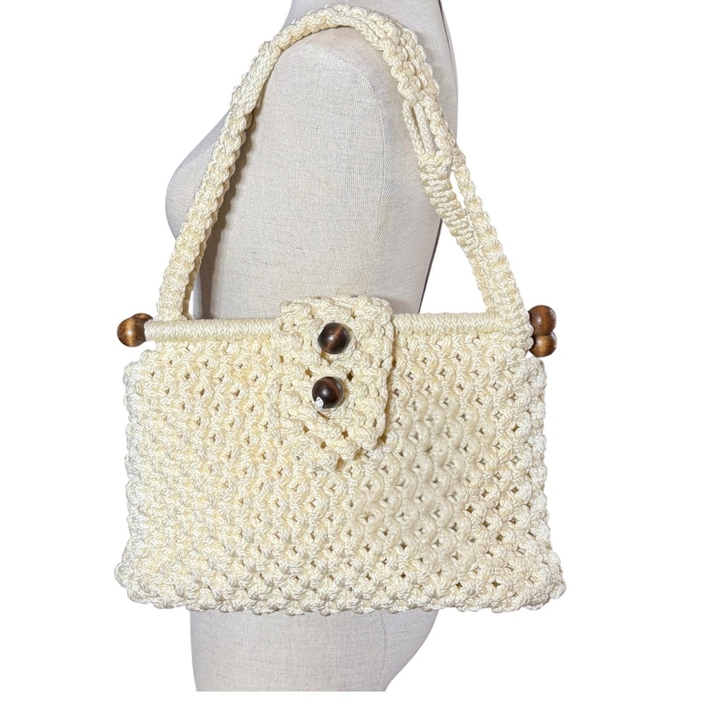 Vintage Macrame Handbag Cream Woven Boho Satchel Wood Bead Accents Lined Bag